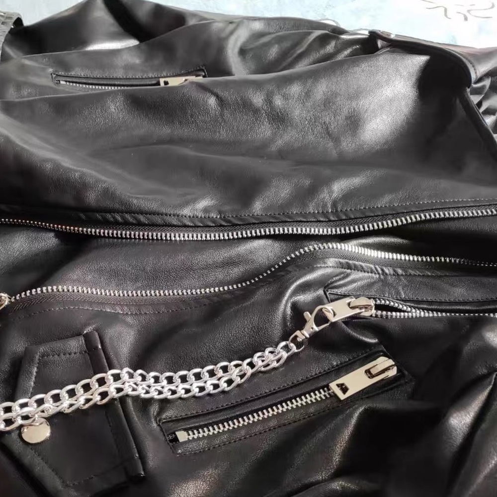 Pvc leather jacket with chain